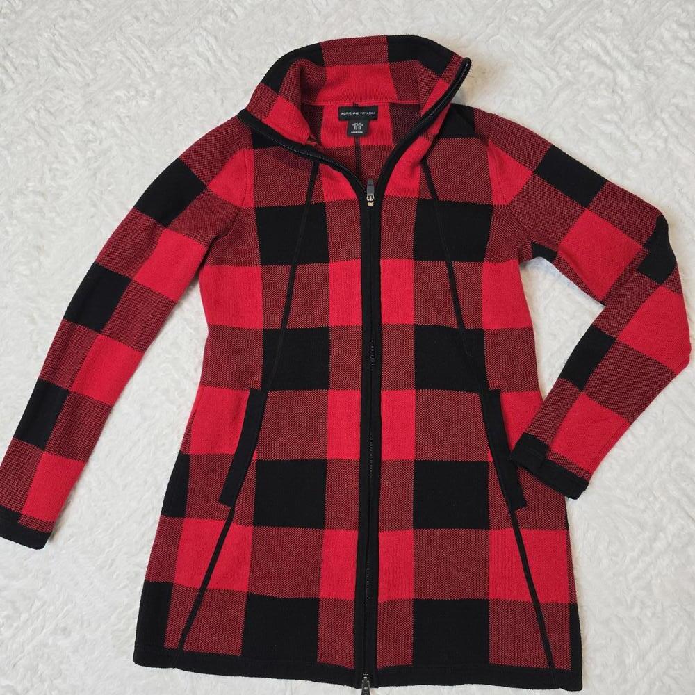Adrienne Vittadini Women's Red and Black Checkered Zip-Up Sweater Cardigan XS